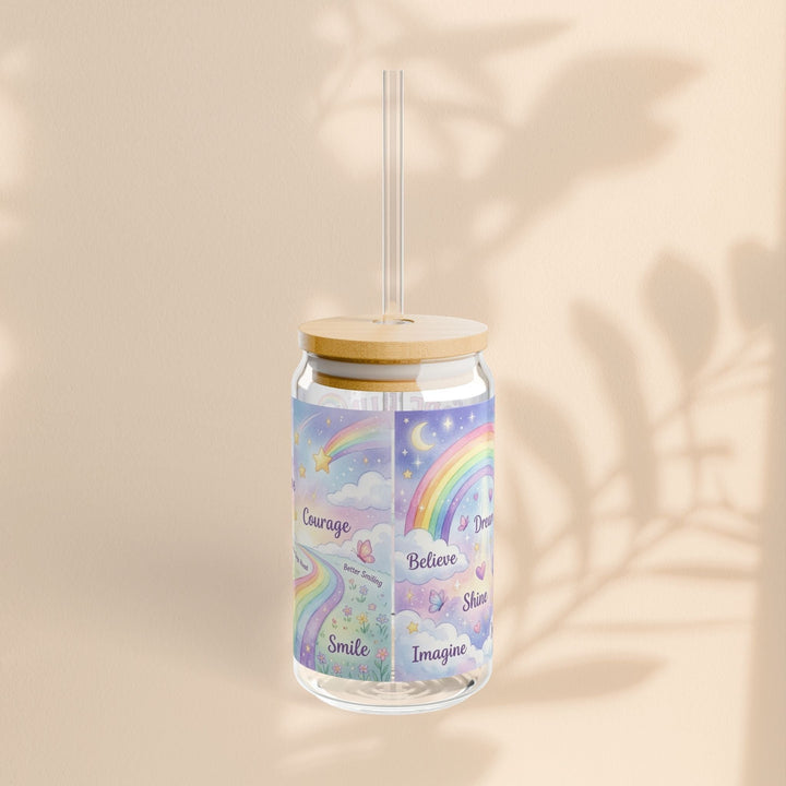 Sea Dragon Dreams 16oz sipper glass with Hope Bunny pastel rainbow design, bamboo lid, and clear straw.