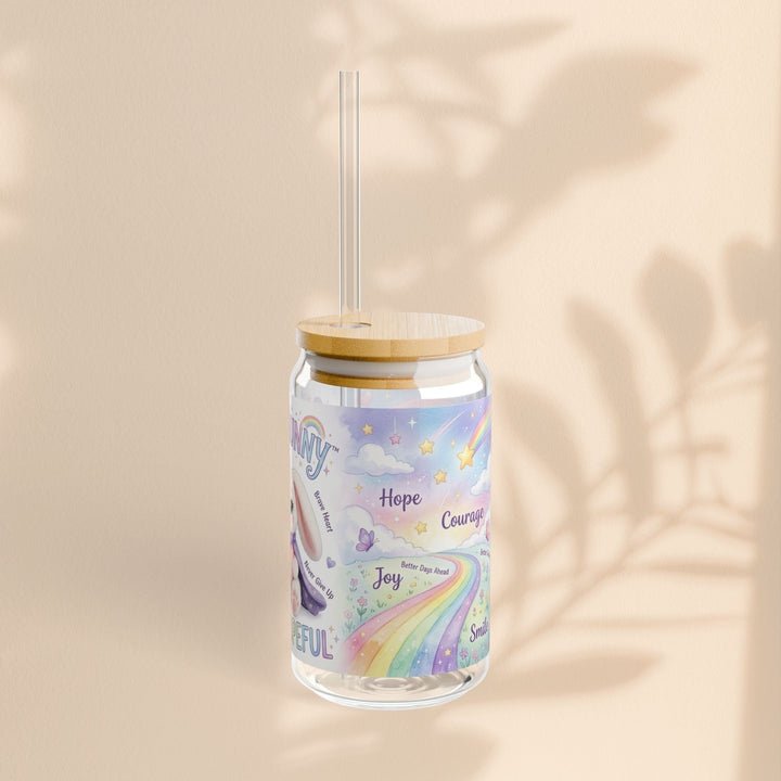 Sea Dragon Dreams Hope Bunny 16oz sipper glass with pastel rainbow design, bamboo lid, and clear straw.
