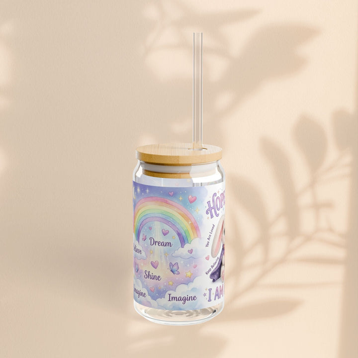 Sea Dragon Dreams 16oz sipper glass featuring Hope Bunny, pastel rainbow, and I Am Hopeful affirmation with bamboo lid