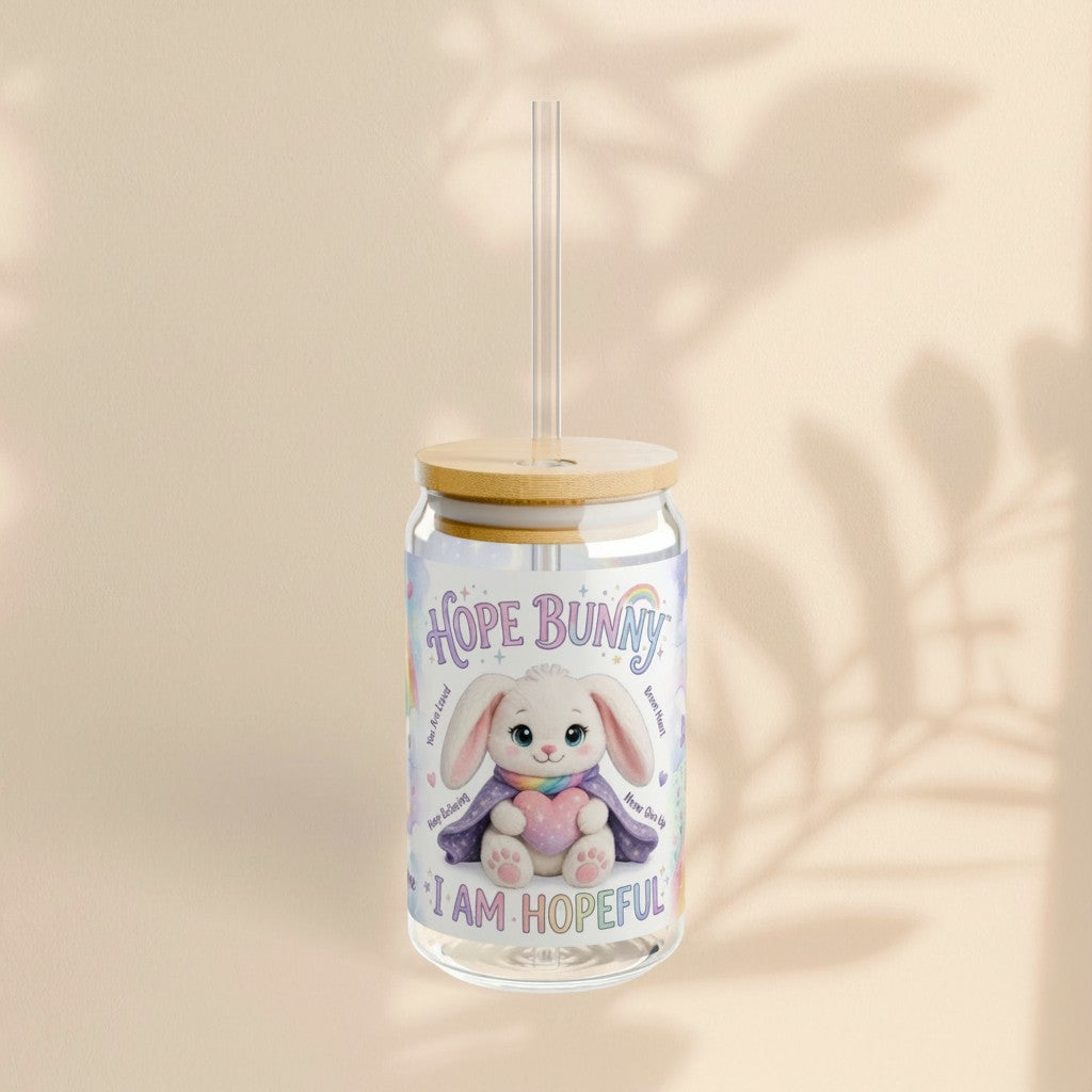 Sea Dragon Dreams 16oz sipper glass featuring Hope Bunny with pastel rainbow design and I Am Hopeful affirmation.