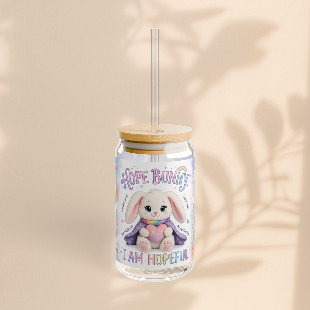 Sea Dragon Dreams 16oz sipper glass featuring Hope Bunny with pastel rainbow design and I Am Hopeful text with straw.