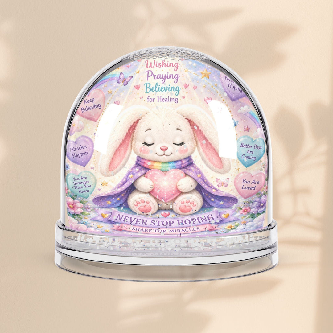 Sea Dragon Dreams Brave Buddies Hope Bunny snow globe with pastel illustrations, glitter, and inspirational quotes.