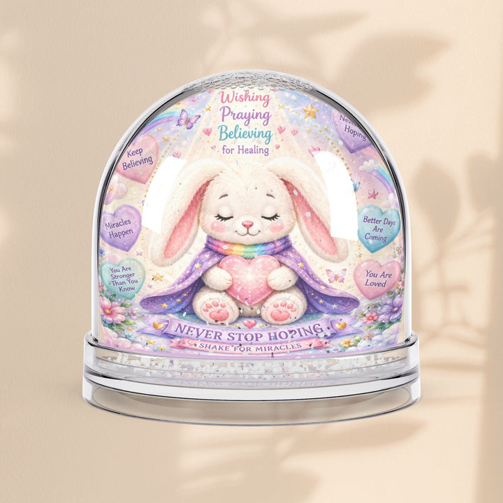 Sea Dragon Dreams Brave Buddies Hope Bunny snow globe with pastel illustrations, glitter, and inspirational quotes.