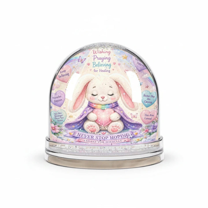 Sea Dragon Dreams Hope Bunny inspirational snow globe with pastel colors, glitter, and uplifting messages for children.