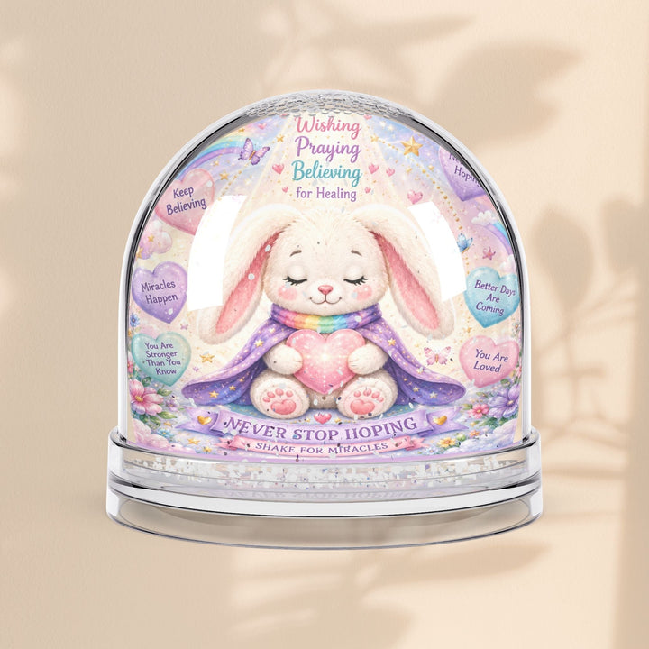 Sea Dragon Dreams Brave Buddies Hope Bunny snow globe with pastel illustrations, inspirational quotes, and glitter.