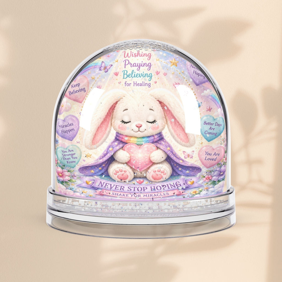Sea Dragon Dreams Brave Buddies Hope Bunny snow globe with pastel illustrations, glitter, and inspirational quotes.