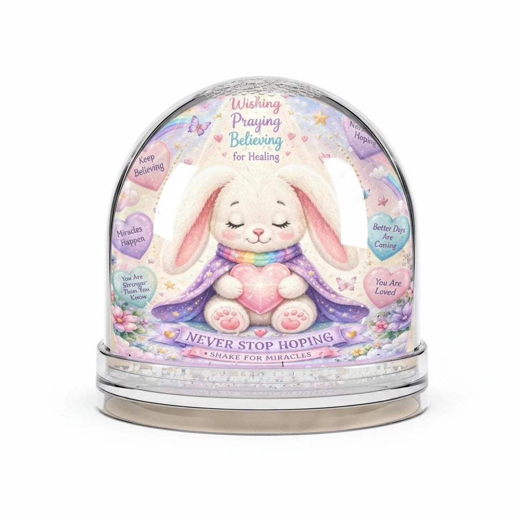 Sea Dragon Dreams Hope Bunny snow globe featuring an inspirational bunny character, pastel colors, and uplifting messages.
