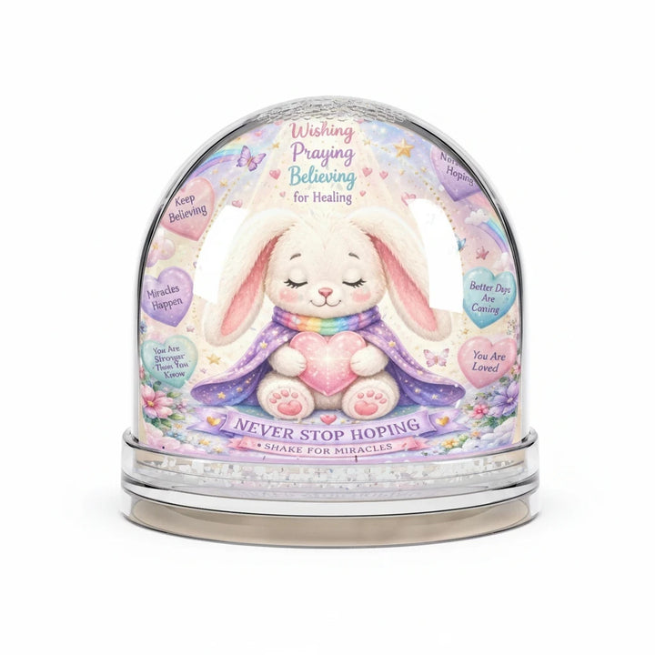 Sea Dragon Dreams Hope Bunny snow globe featuring an inspirational bunny character, pastel colors, and uplifting messages.