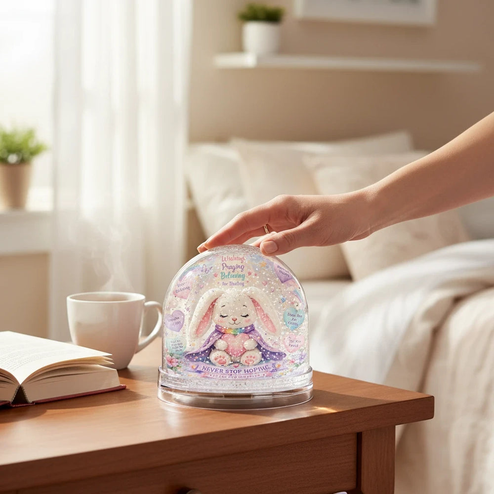 Sea Dragon Dreams Hope Bunny inspirational snow globe with glitter on a wooden table in a cozy bedroom setting.