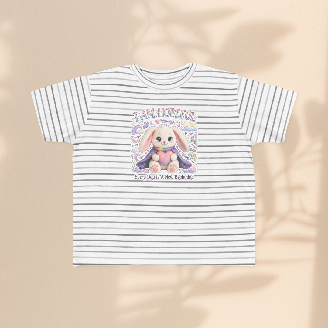 Sea Dragon Dreams toddler tee with grey stripes and a Hope Bunny graphic featuring the text I Am Hopeful.