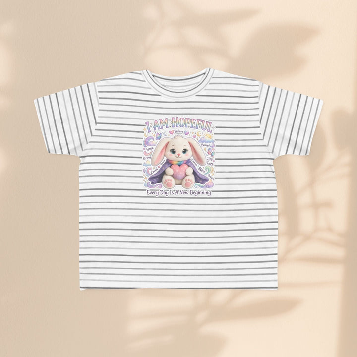 Sea Dragon Dreams toddler tee with grey stripes and a Hope Bunny graphic featuring the text I Am Hopeful.