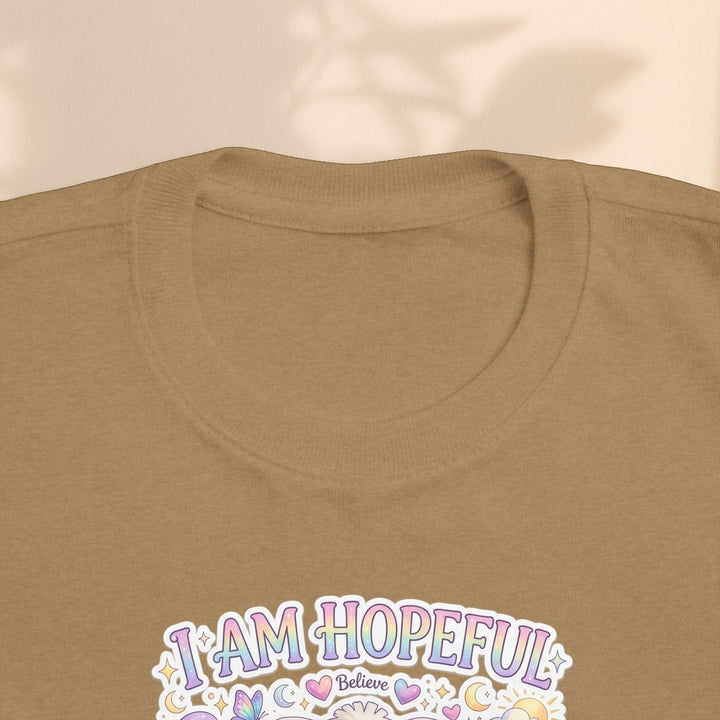 Sea Dragon Dreams Brave Buddies Hope Bunny toddler tee in tan cotton with I Am Hopeful graphic print.