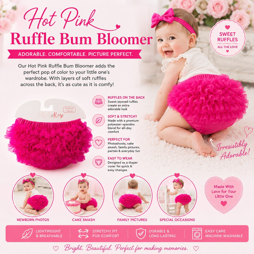 Sea Dragon Dreams hot pink ruffle bum bloomer diaper cover with layered back ruffles on a smiling baby.