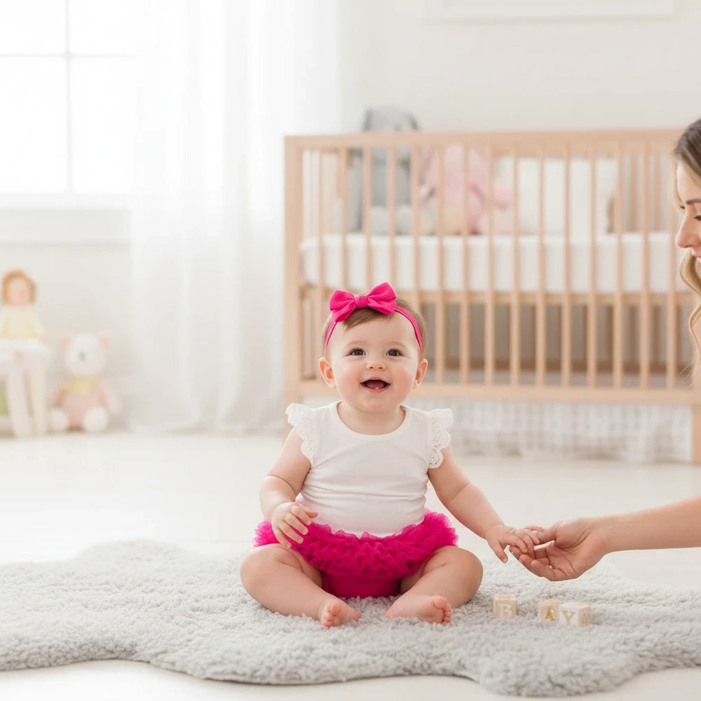 Sea Dragon Dreams baby wearing a hot pink ruffle bum bloomer and matching headband, sitting on a rug in a nursery.