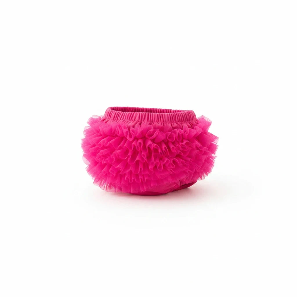Sea Dragon Dreams hot pink baby bloomer with layered ruffles on the back, made from soft, stretchy fabric.