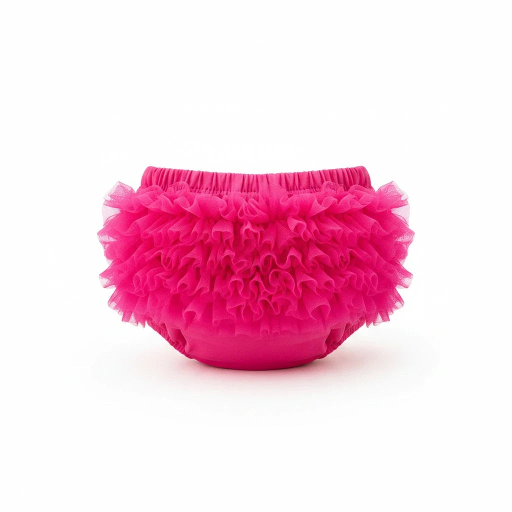 Sea Dragon Dreams hot pink baby bloomer with layered ruffles on the back, made from soft, stretchy fabric.