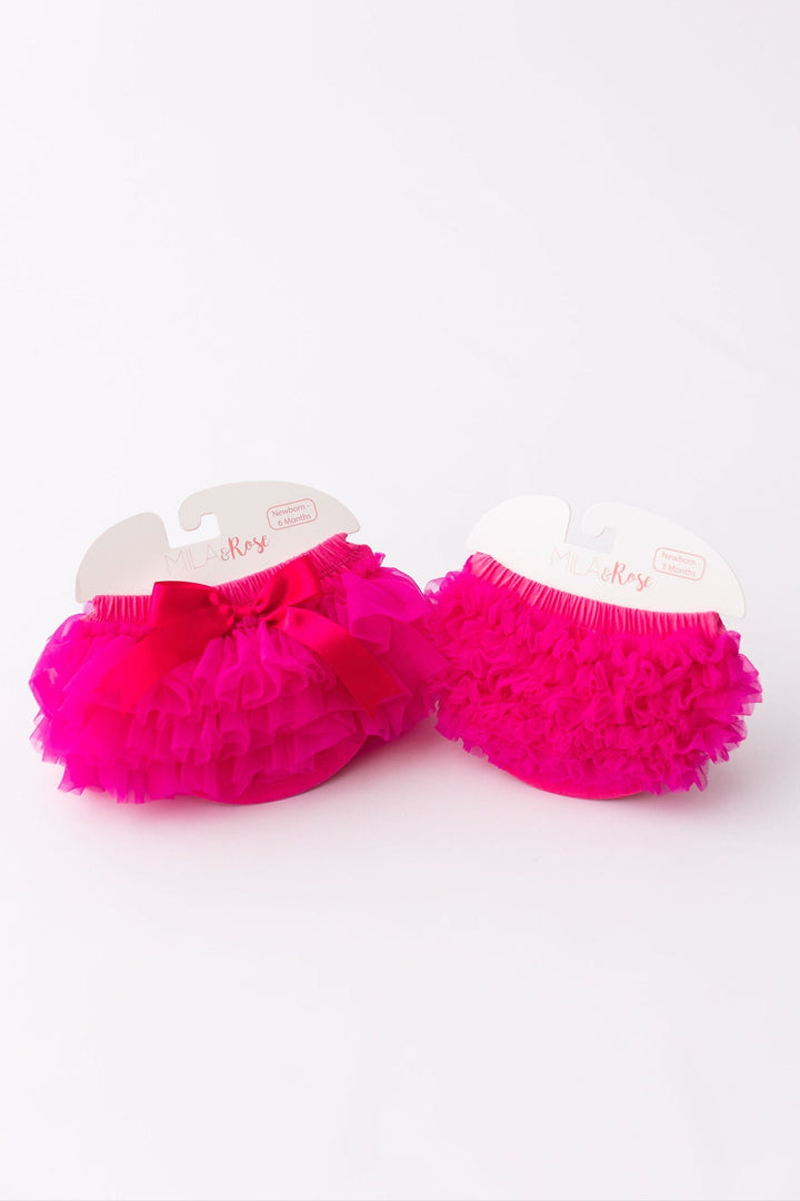 Sea Dragon Dreams hot pink ruffle bum bloomers with layered back ruffles and satin bows for baby girls.