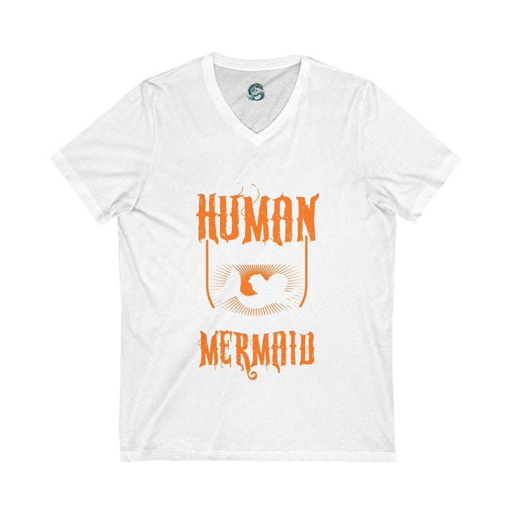 Sea Dragon Dreams white unisex V-neck t-shirt featuring an orange Human Mermaid graphic design for beach wear.