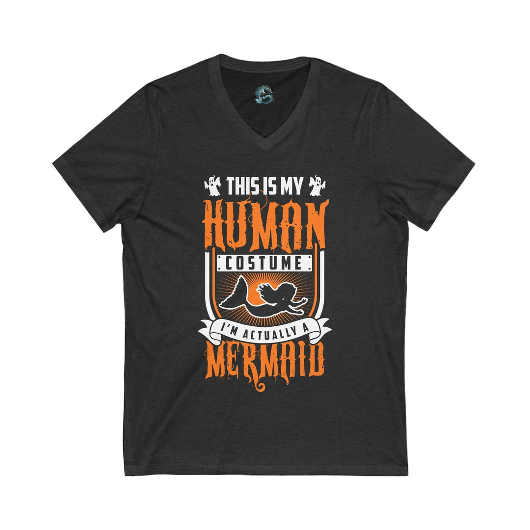 Sea Dragon Dreams unisex black V-neck t-shirt with orange and white Human Mermaid graphic print for beach wear.