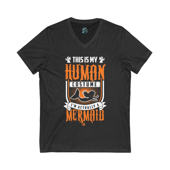 Sea Dragon Dreams unisex black V-neck t-shirt with orange and white Human Mermaid graphic print for beach wear.