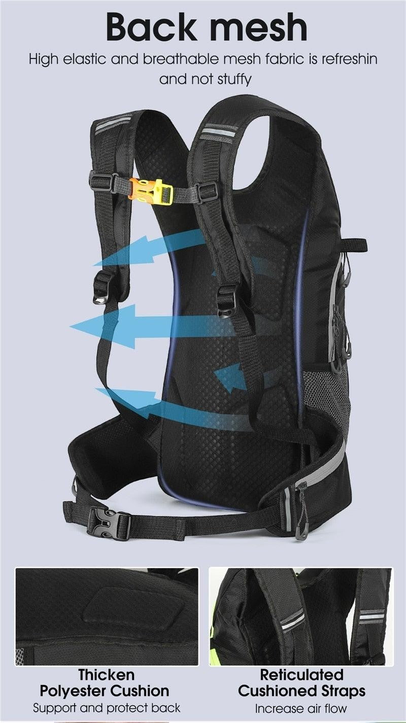 Sea Dragon Dreams 10L hydration backpack showing breathable mesh back panel, cushioned straps, and adjustable buckles.