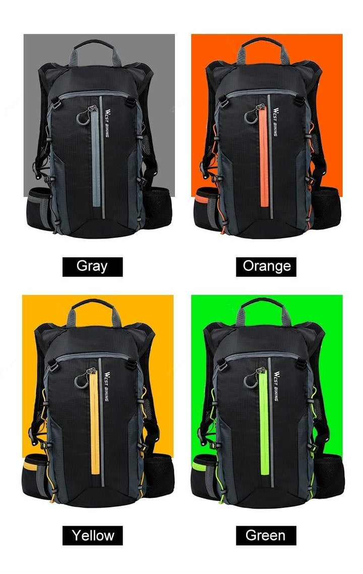 Sea Dragon Dreams 10L hydration backpacks in gray, orange, yellow, and green, featuring ripstop fabric and mesh panels.