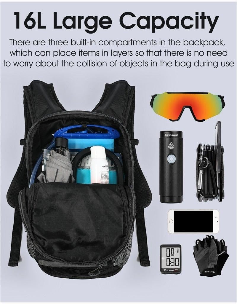 Sea Dragon Dreams black hydration backpack with organized cycling gear including sunglasses, light, and gloves.