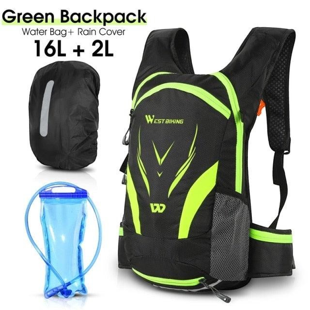 Sea Dragon Dreams 16L hydration backpack in black and neon green with included water bladder and rain cover.