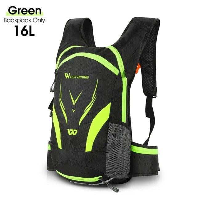 Sea Dragon Dreams 16L hydration backpack in black and neon green ripstop fabric with mesh side pockets and straps.