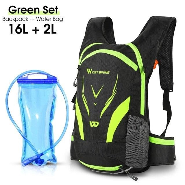 Sea Dragon Dreams hydration backpack set in black and neon green with a blue water bladder for cycling and hiking.