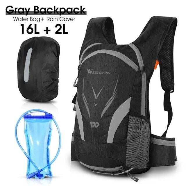 Sea Dragon Dreams 16L hydration backpack in black with grey accents, including a 2L water bladder and rain cover.