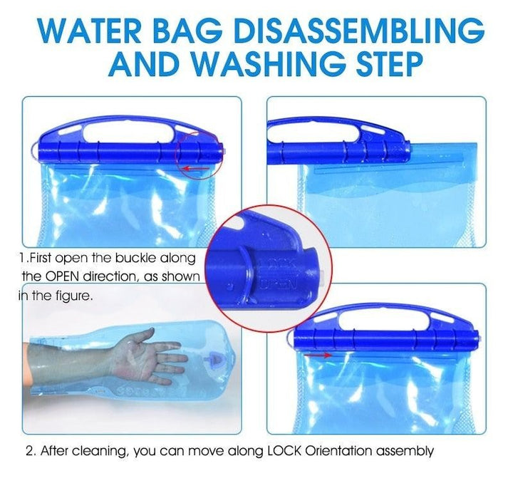 Sea Dragon Dreams hydration bladder cleaning instructions showing how to open and lock the blue plastic seal