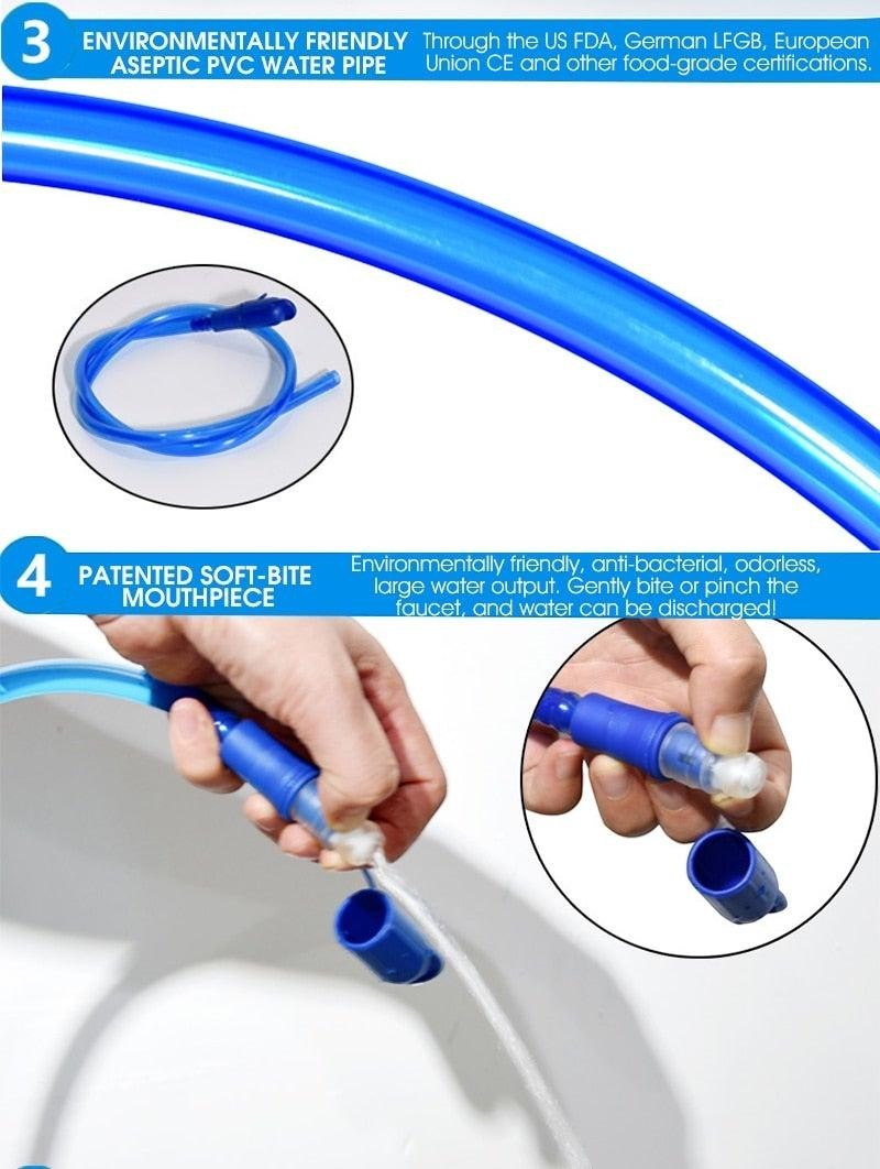 Sea Dragon Dreams hydration bladder tube with a blue food-grade pipe and a patented soft-bite mouthpiece in action
