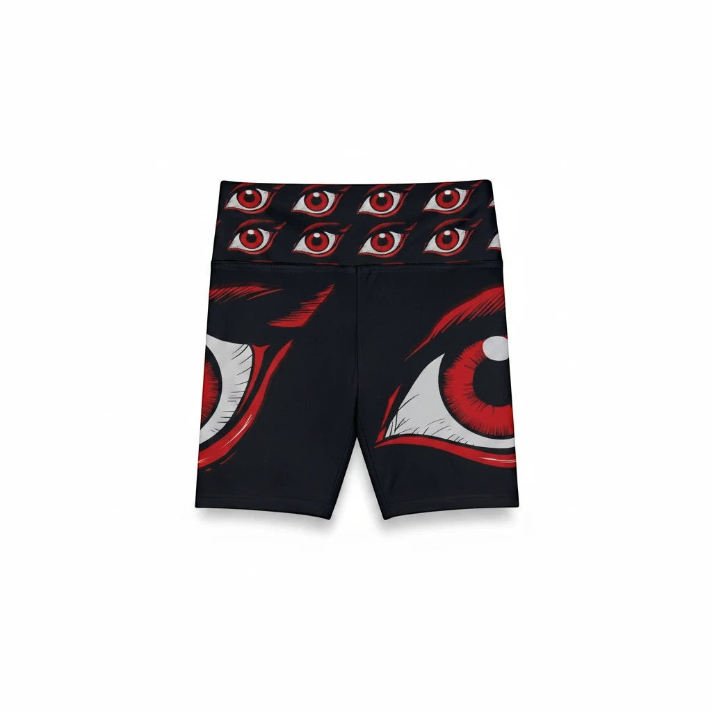 Sea Dragon Dreams I'm Watching workout shorts in black polyester with a red and white eye print pattern.