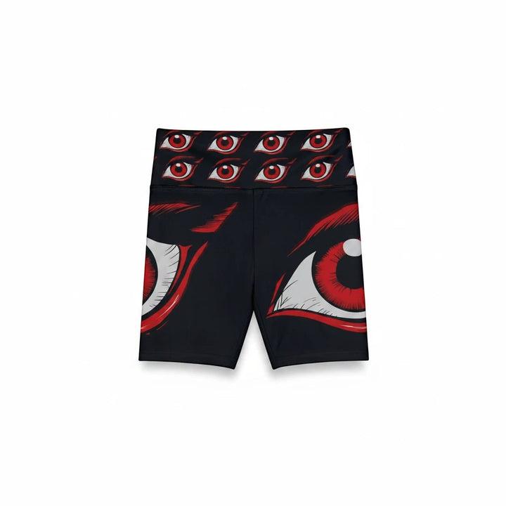 Sea Dragon Dreams I'm Watching workout shorts in black polyester with a red and white eye print pattern.