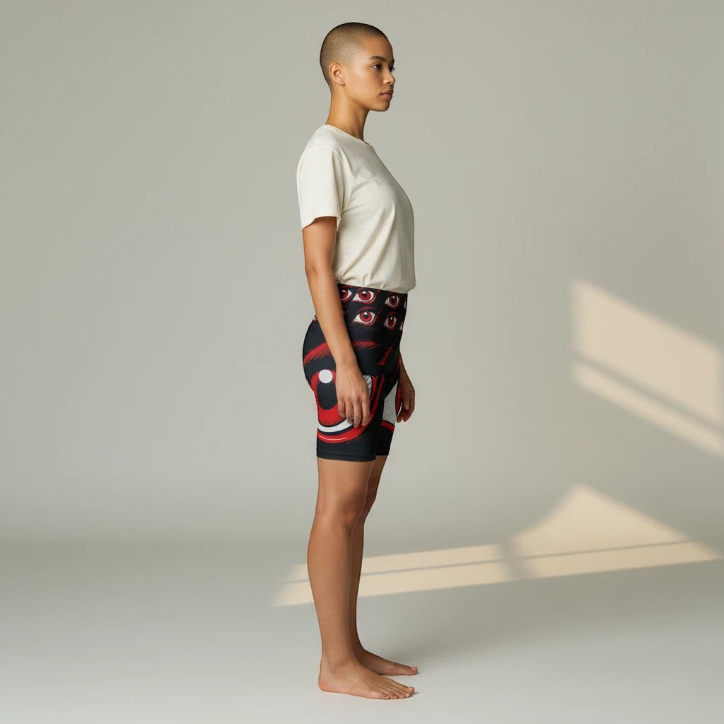 Model wearing Sea Dragon Dreams I'm Watching workout shorts with a bold eye print, side view, 100% polyester fabric.