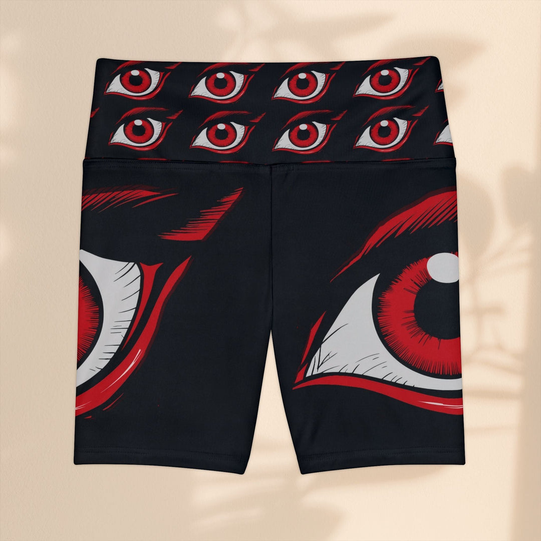 Sea Dragon Dreams I'm Watching workout shorts in black polyester with a red and white eye pattern print.