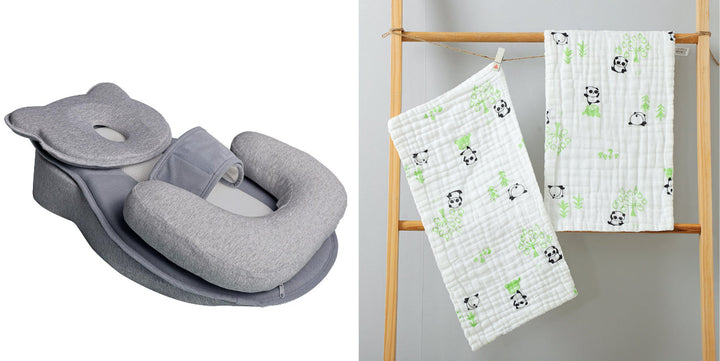 Sea Dragon Dreams inclined baby feeding pad in grey with matching panda print muslin cloths for nursing support