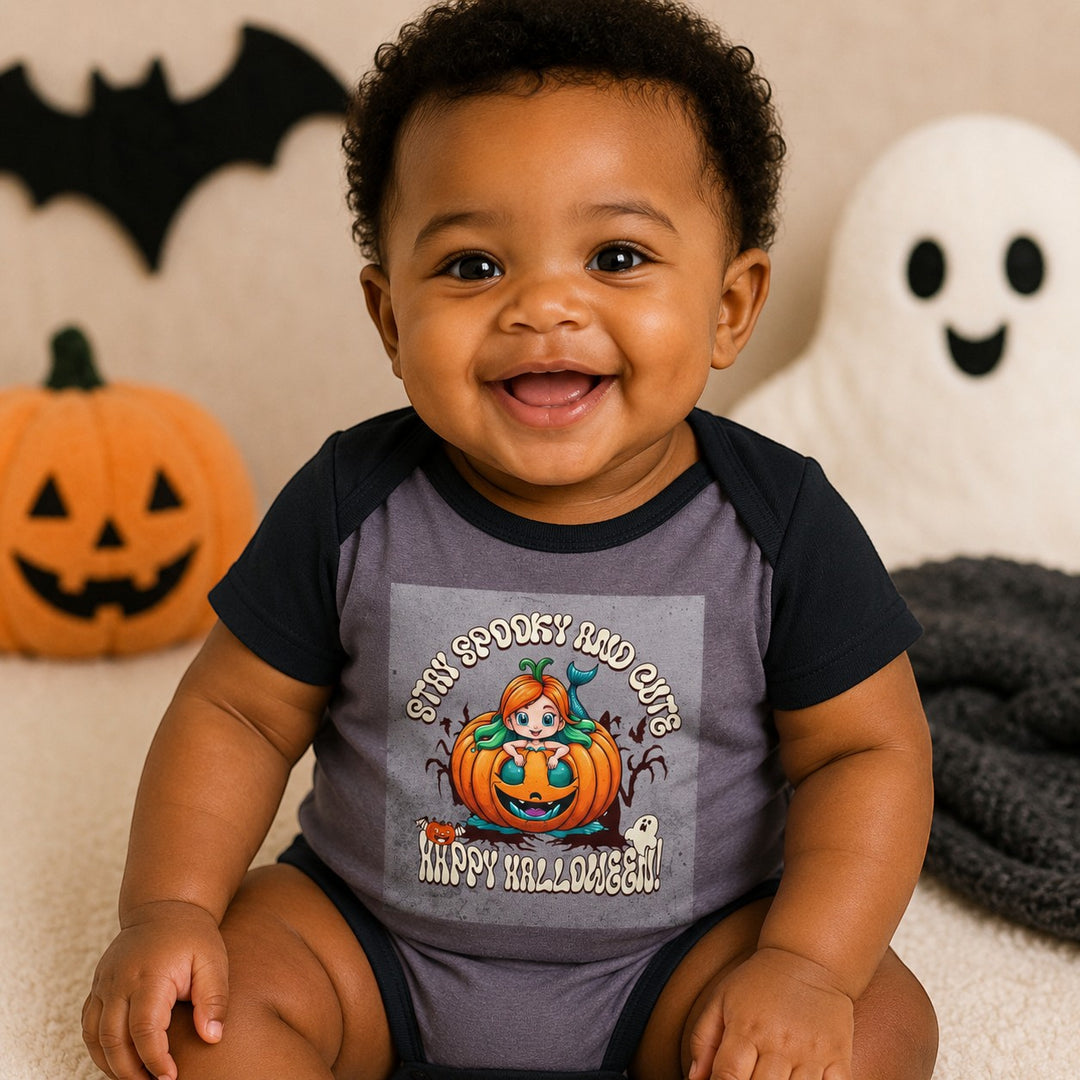 Sea Dragon Dreams infant bodysuit with Stay Spooky and Cute pumpkin graphic, soft grey and black cotton baby outfit