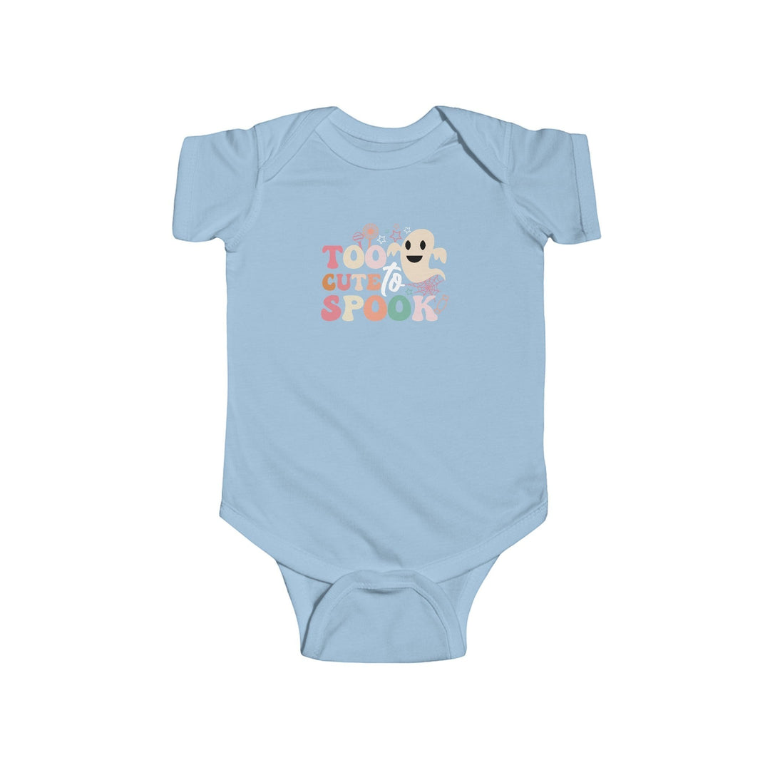 Sea Dragon Dreams light blue infant bodysuit with Too Cute To Spook ghost graphic for Halloween