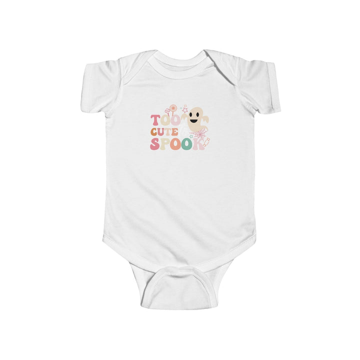 Sea Dragon Dreams white infant bodysuit with Too Cute To Spook ghost graphic and pastel Halloween icons.