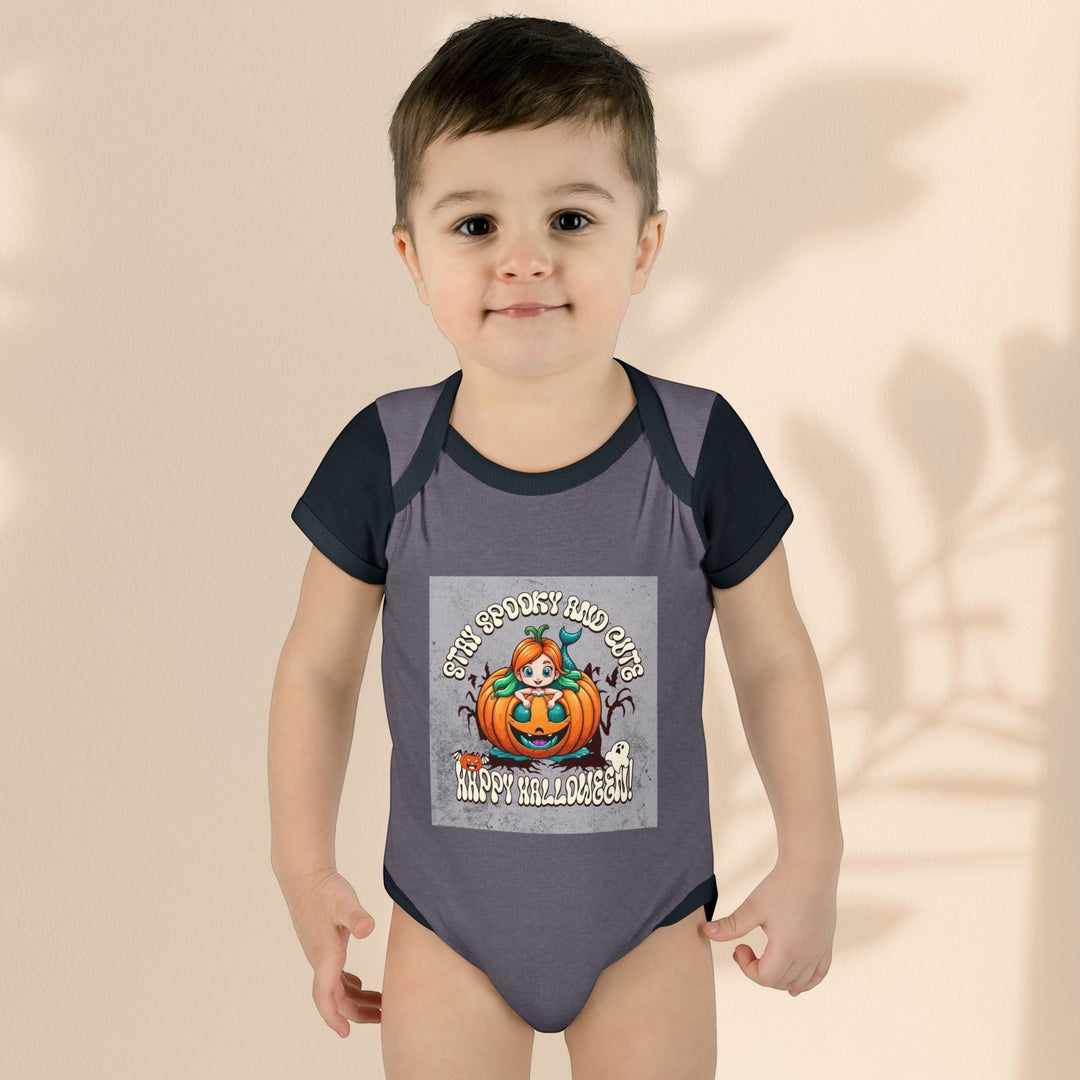 Sea Dragon Dreams infant bodysuit with Stay Spooky and Cute pumpkin graphic, soft grey cotton with black trim.