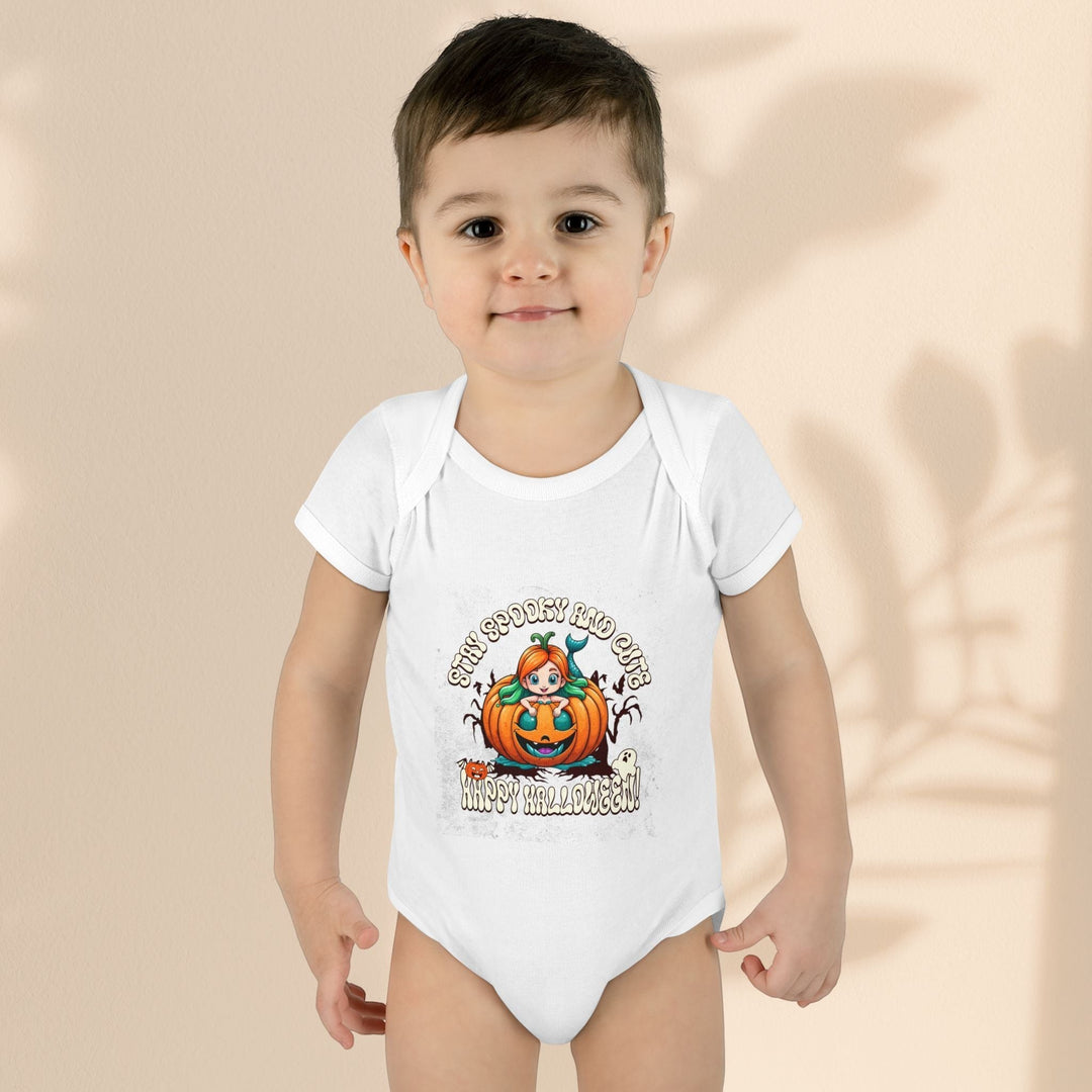 Sea Dragon Dreams infant bodysuit in white cotton with a Stay Spooky and Cute pumpkin Halloween graphic print