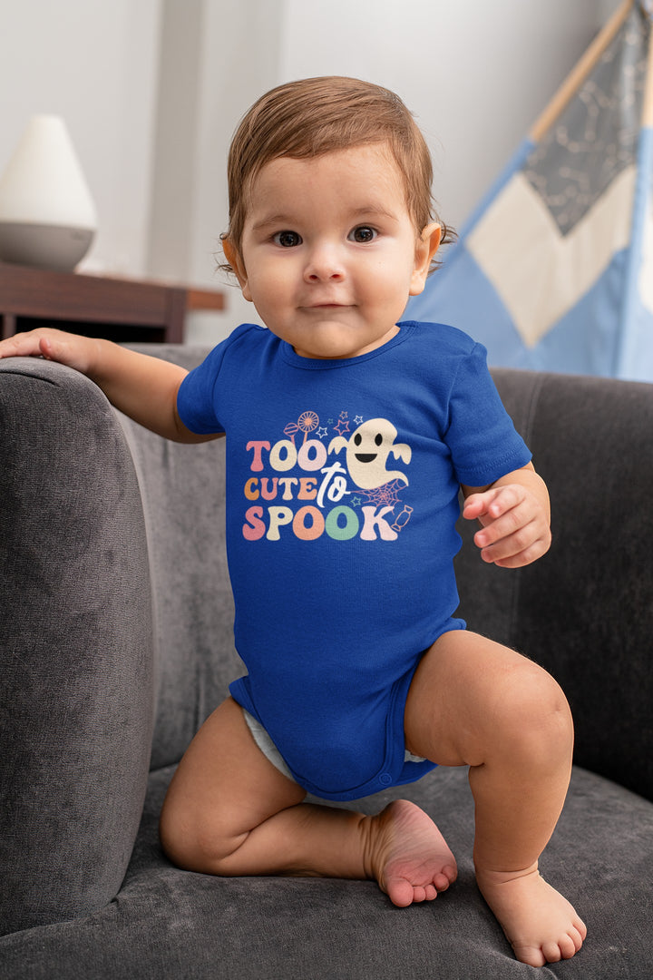 Sea Dragon Dreams infant blue bodysuit featuring a cute ghost graphic and Too Cute To Spook text for Halloween.