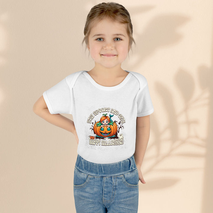 Sea Dragon Dreams infant bodysuit featuring a Stay Spooky and Cute pumpkin graphic on soft white cotton fabric