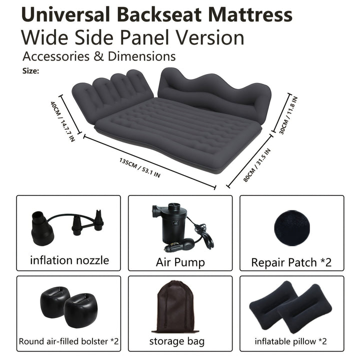 Sea Dragon Dreams inflatable car backseat mattress with electric pump, pillows, and accessories for SUV travel.