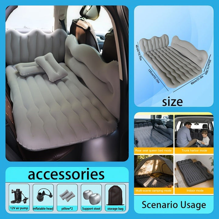 Sea Dragon Dreams inflatable car mattress with flocked surface, pillows, and pump for SUV backseat or camping use.