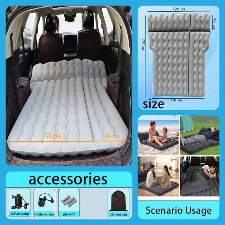 Sea Dragon Dreams grey inflatable car mattress with flocked surface, pillows, and electric pump for travel and camping