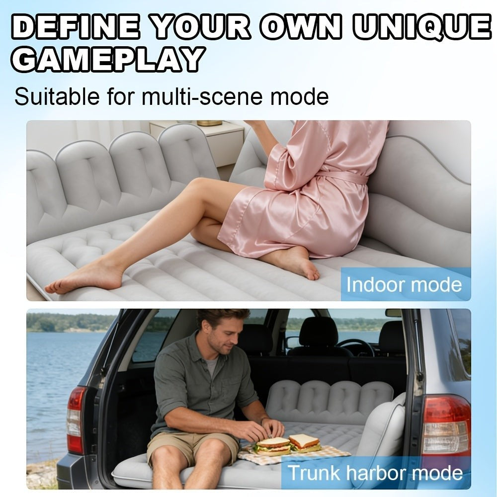 Sea Dragon Dreams inflatable grey flocked mattress used as an indoor floor bed and a comfortable SUV trunk camping bed.