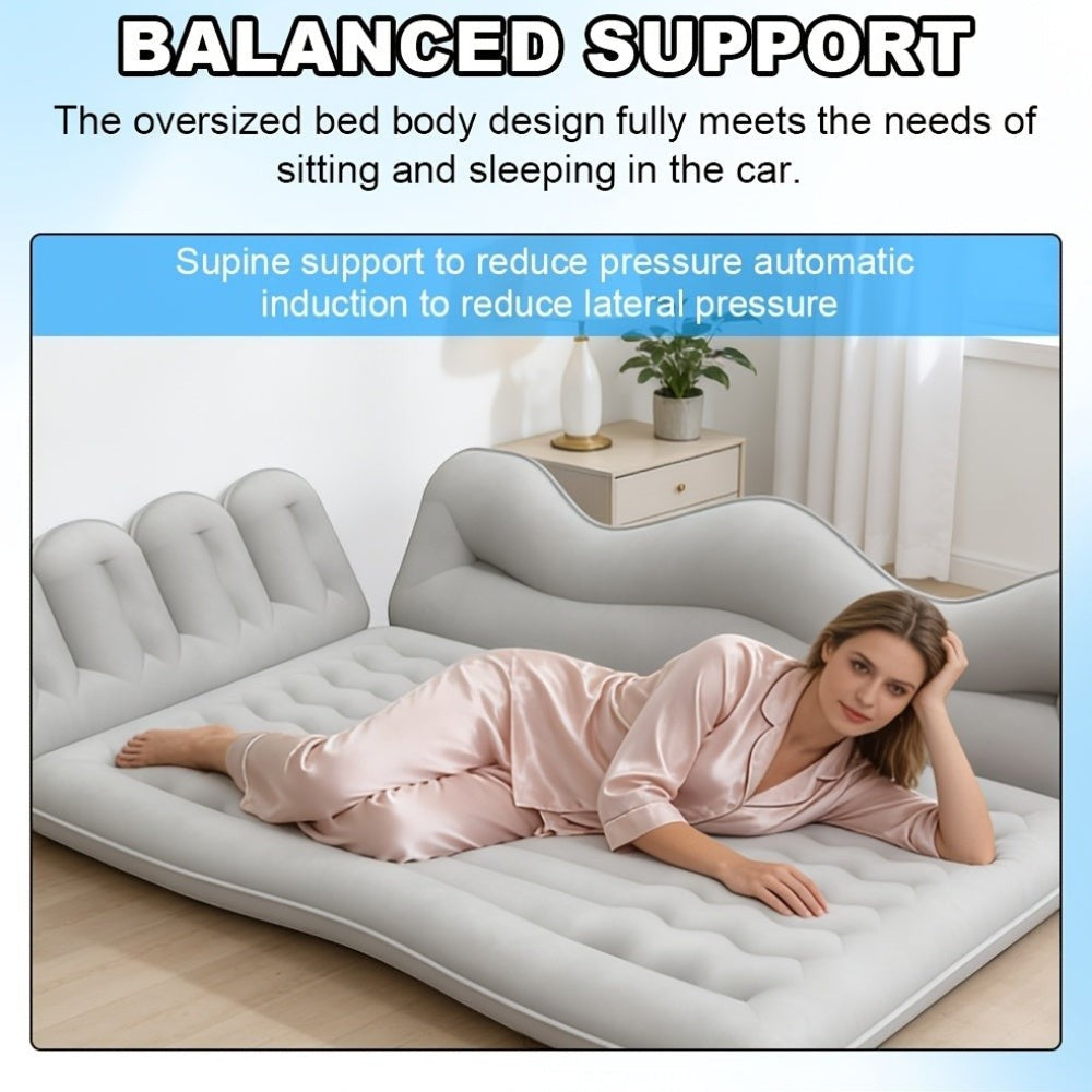 Sea Dragon Dreams grey inflatable car mattress with a soft flocked surface, providing ergonomic support for travel.
